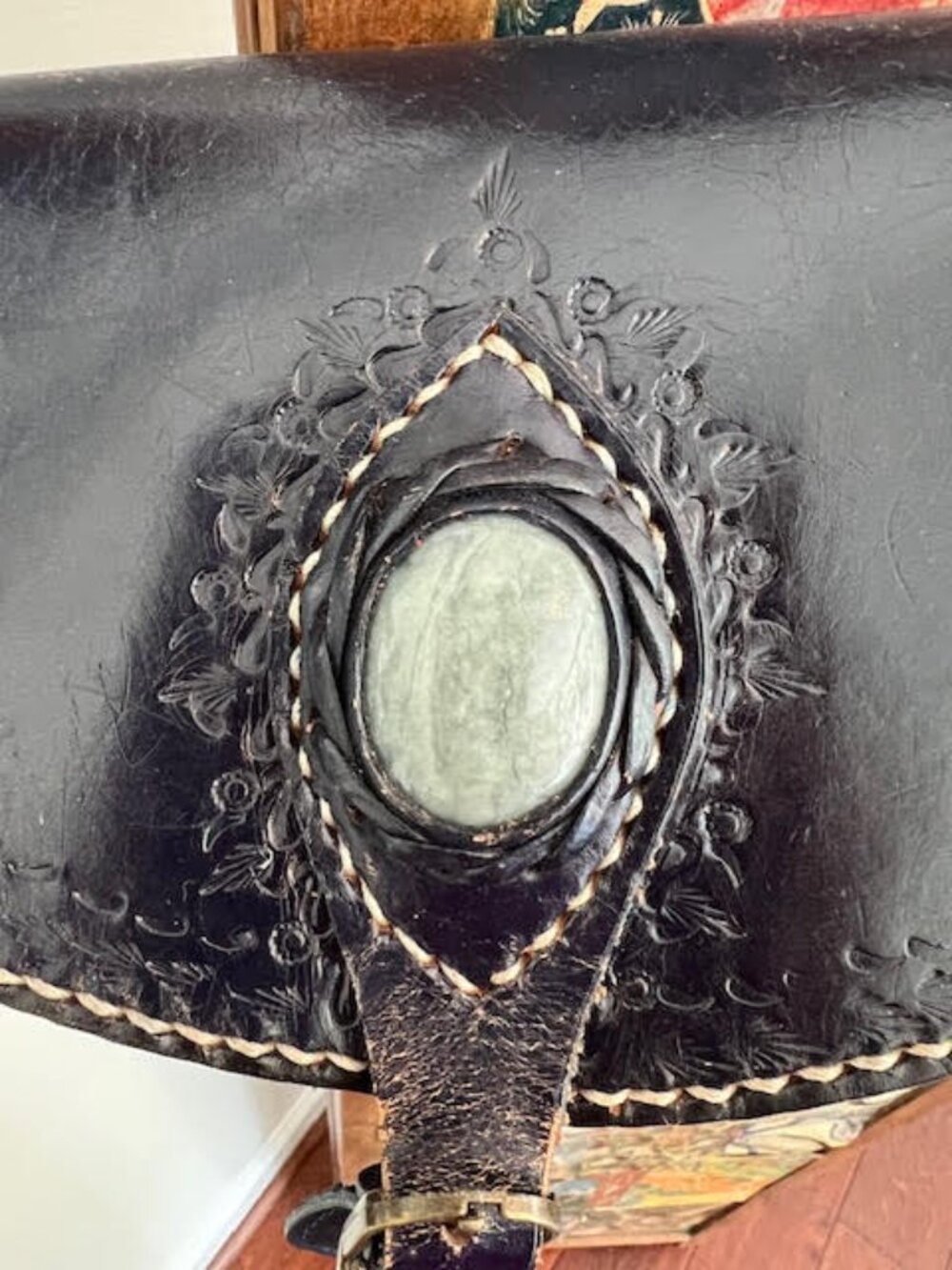 Hand-Painted Tooled Leather Bag with Semi-precious Inlaid Cabochon - Picture 8 of 10